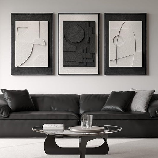 Large 3D Textured Framed Black and White Abstract Wall Art, 3 Piece Modern Wall Paintings Artwork for Walls, Minimalist Black White Geometric Pictures for Living Room, Hallway, Dining Room Wall Decor by Cuspin