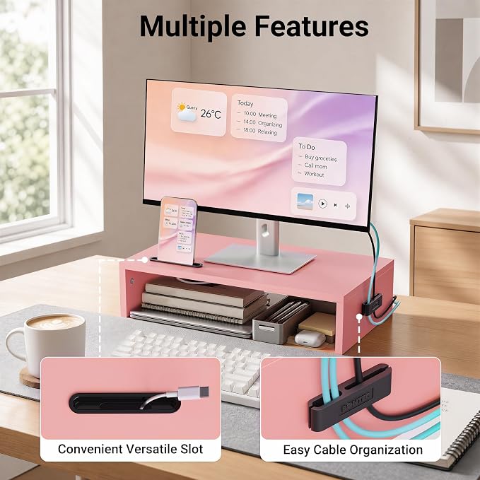 BONTEC Monitor Stand Riser with Cellphone Holder & Cable Management | 16.7 Inch Wood Monitor Riser Stand, Desktop Stand for PC/TV/Laptop/Printer, Pink - Image 3