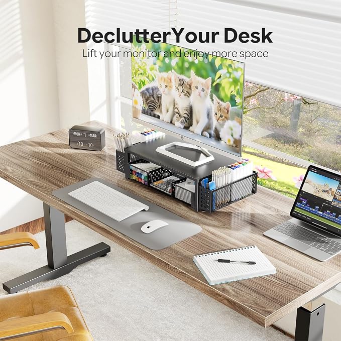 Simple Trending Metal Monitor Stand Riser, Drawer & 2 Pen Holders, Black | 2-in-1 Desk Organizer & Monitor Stand | Sturdy Metal | Ergonomic Support | Space Saving | Easy Setup - Image 9