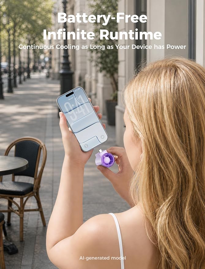 Aecooly Powerful USB C Phone Fan, 17000 RPM High Speed, Compatible with iPhone, iPad, Tablet, 4 Speed Mini Portable Cell Phone Fan Attachment for Summer, Travel, Gifts for Women-Purple - Image 3