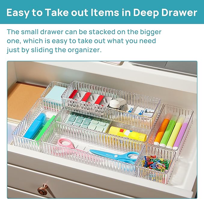 Vtopmart 7 PCS Clear Makeup Drawer Organizers Bins, 4-Size Stackable Makeup and Vanity Organizer Trays, Acrylic Bathroom Storage Containers for Cosmetic, Toiletries, Office Supply, Utensils, Gadgets - Image 4