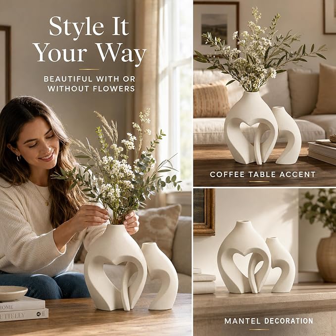 White Ceramic Flower Vase Home Table Decor Heart Shaped Vase Set of 2 | Boho Heart Shaped Minimalist Decorative Vases for coffee Table Centerpiece Wedding Dining Living Room Office House Decoration - Image 4
