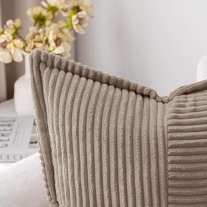 MIULEE Decorative Throw Pillow Covers for Couch Bed Livingroom 16x16 Inch Set of 2 Light Brown Boho Accent Throw Pllows Broadside Striped Patchwork Soft Corduroy Pillowcases - Image 2