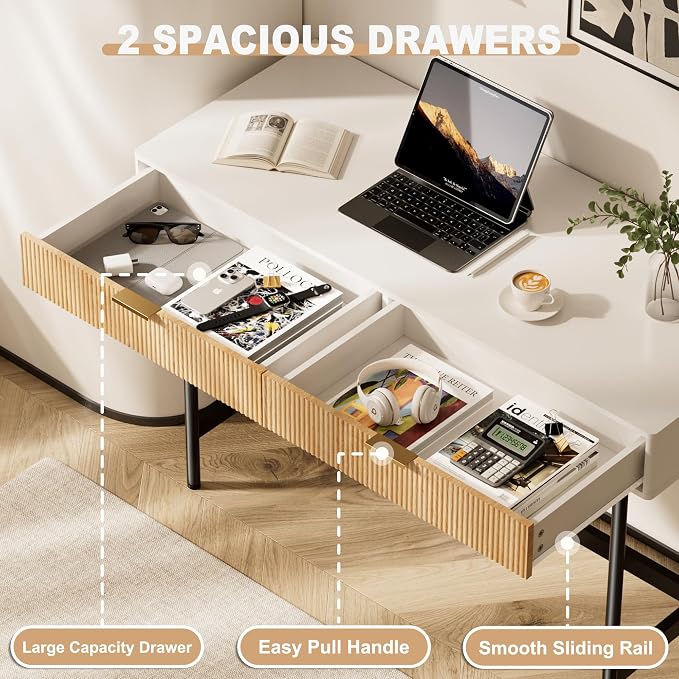 INNOD 45 Inch White Desk with Drawers, Small Writing Desks for Bedroom, Fluted Cute Desk with Storage for Vanity, Wood Computer Table for Living Room Small Spaces Home Office Study - Image 5