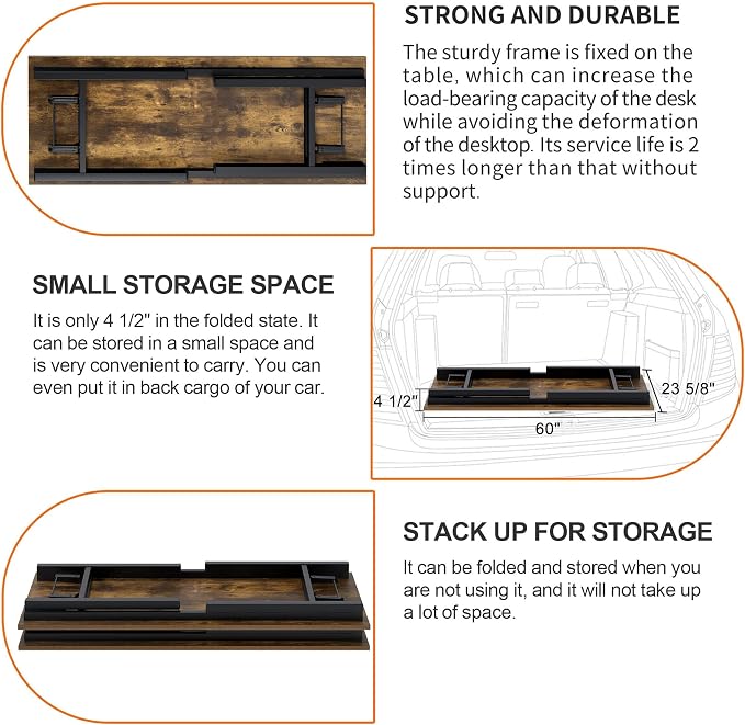 Need Office Computer Desk 60 Inch Sturdy Folding Laptop Table Retro | Black Frame Writing Gaming Work Table/Foldable Home Office Desk/Sewing Table, No Assembly Required - Image 8