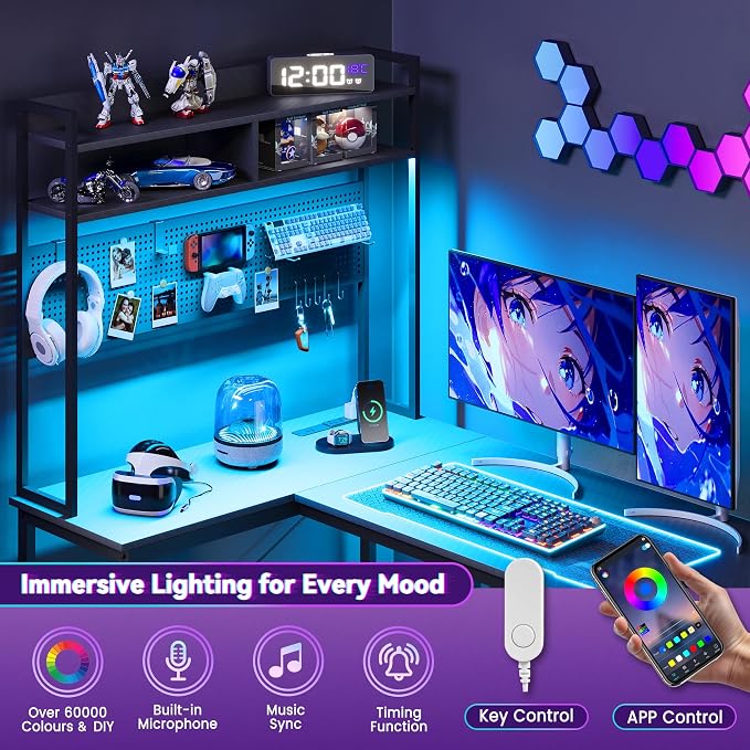 Apicizon L Shaped Gaming Desk 53" with Hutch, LED Light and Drawer | Carbon Fiber Surface, Storage Shelves, Pegboard with Hooks, PC Tower Stand, USB Charging Port, Home Office, Bedroom - Image 7