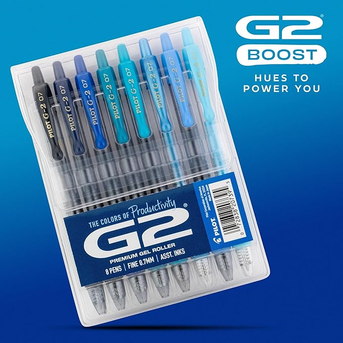 Pilot G2 Premium Gel Roller Pens, G2 Boost Blue Pens Pack, The Colors of Productivity, 8 Pack Pouch, Fine Point 0.7 mm, Assorted - Image 2