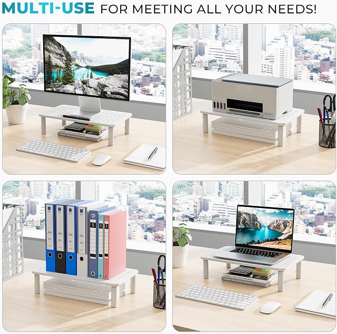 BONTEC Monitor Stand for Desk 2 Pack, 3-Level Height Adjustable Metal Monitor Riser, Ergonomic Computer Stand with Pen Holder & Cable Management for Printer, Laptop, Office Workstation, White - Image 2