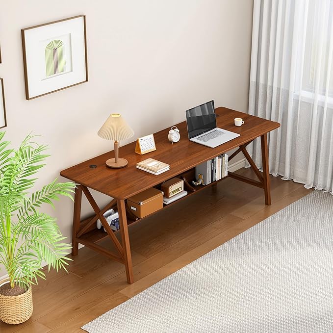 NELYE Extra Long Writing Desk with Bookshelf, 63" Wx20 Dx30 H, Walnut | Wooden Home Office Work Study Table, Computer Gaming Workstation with Storage Shelf, Sturdy MDF Resists Wobble - Image 7