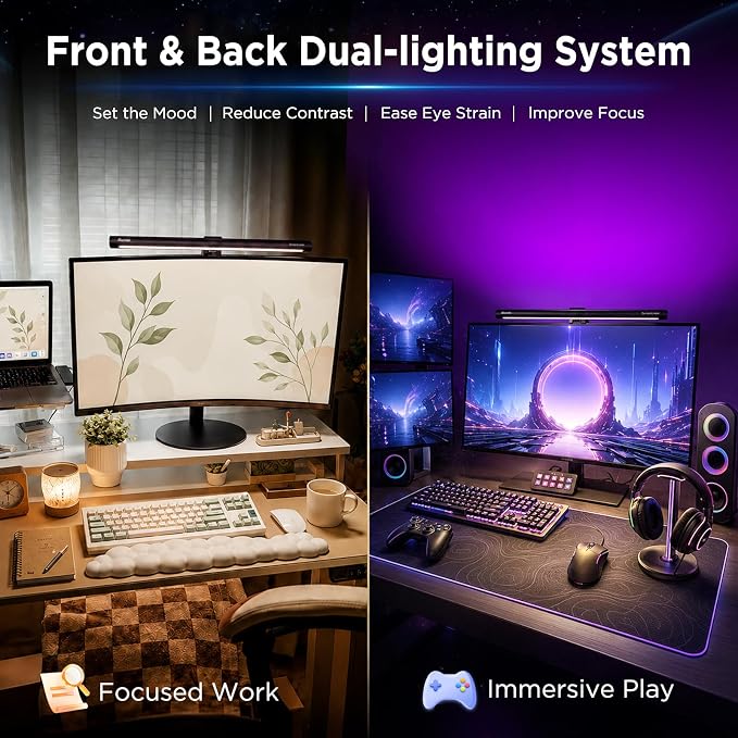Quntis Monitor Light Bar 15.7", 24 RGB Backlight Modes for lmmersive Gaming Ambience, 900 Lux Glare-Free Computer Screen Lamp, High CRI 95 Eye Care Desk Light for Home Office - Image 2