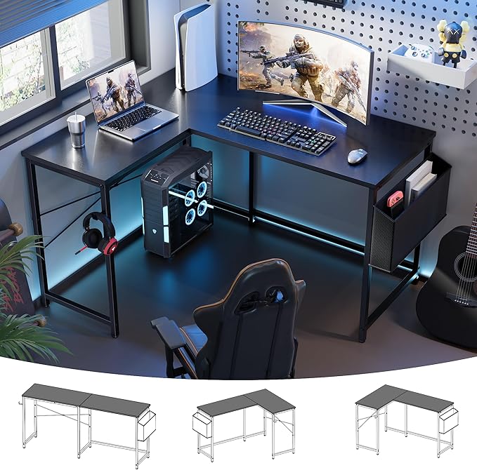 Pamray 47 Inch Reversible L Shaped Gaming Desk Corner Computer Desk with Storage Bag Home Office Table for Writing Study Black by PAMRAY