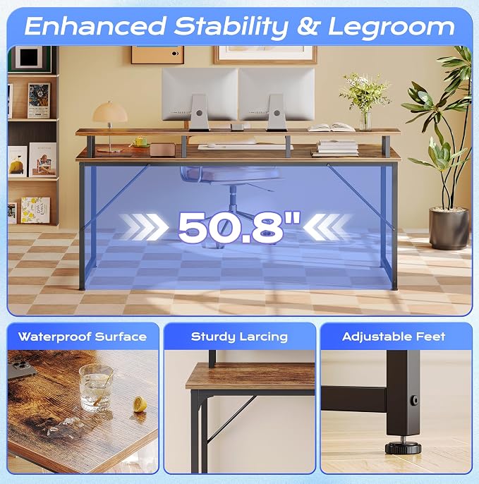 PRAISUN 55 inch Gaming Desk, LED & Outlets, Monitor Stand, Rustic Brown | Sturdy PC Desk for Home Office, Study & Work, LED Lights, 4 AC Outlets & USB-C Charging Station - Image 8