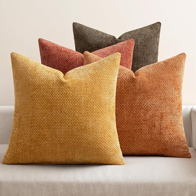 MIULEE Pack of 4 Orange/Yellow Couch Throw Pillow Covers 20x20 Inch Halloween Soft Decorative Chenille Pillows Farmhouse Accent Cushions for Boho Fall Home Decor Sofa Bedroom Living Room by MIULEE