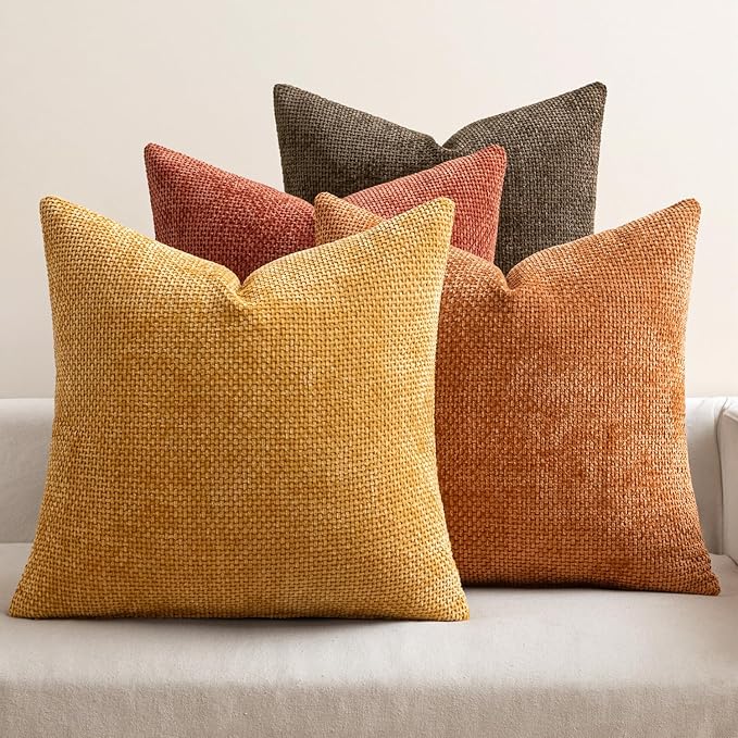 MIULEE Pack of 4 Orange/Yellow Couch Throw Pillow Covers 18x18 Inch Halloween Soft Decorative Chenille Pillows Farmhouse Accent Cushions for Boho Fall Home Decor Sofa Bedroom Living Room by MIULEE