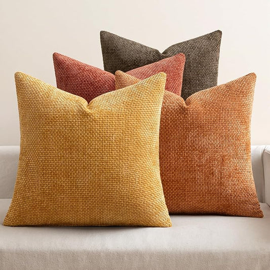 MIULEE Pack of 4 Orange/Yellow Couch Throw Pillow Covers 18x18 Inch Halloween Soft Decorative Chenille Pillows Farmhouse Accent Cushions for Boho Fall Home Decor Sofa Bedroom Living Room by MIULEE