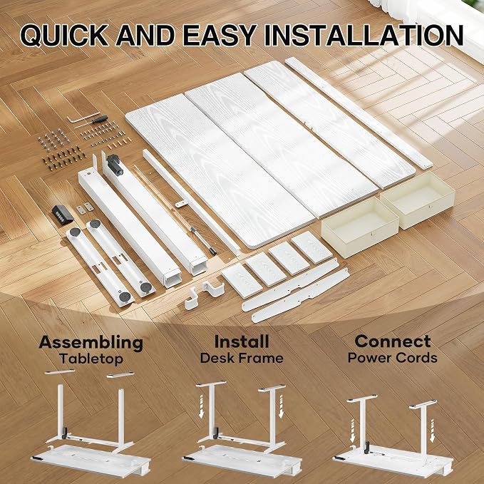 Veken 47x28 in Electric Standing Desk with Drawers, Adjustable Table, White | Stand up Computer Desk for Home Office, Work & Study, with Storage, 3 Memory Presets, Cable Organizer, Hook, and Quiet Lift. - Image 8