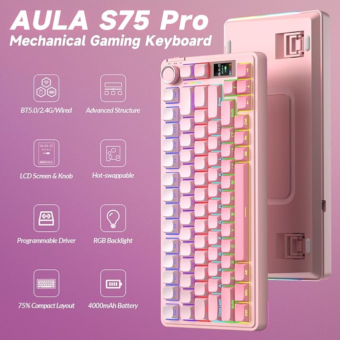 AULA S75 PRO Wireless Mechanical Keyboard with Screen&Knob, Tri-Mode Hot Swappable Gaming Keyboard 75%, Pre-lubed Switches, RGB Backlit, Side Printed PBT Keycaps, Creamy Sounding Pink Keyboards - Image 2
