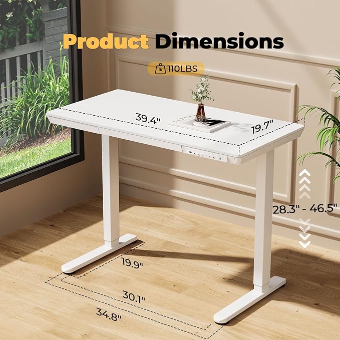 40" Electric Stand up Desk with Drawer, Height Adjustable | Sit Stand Home Office Desk with Storage, One-Piece Tabletop with USB Charging Ports, Quick Assembly Computer Desk on Wheels - Image 2
