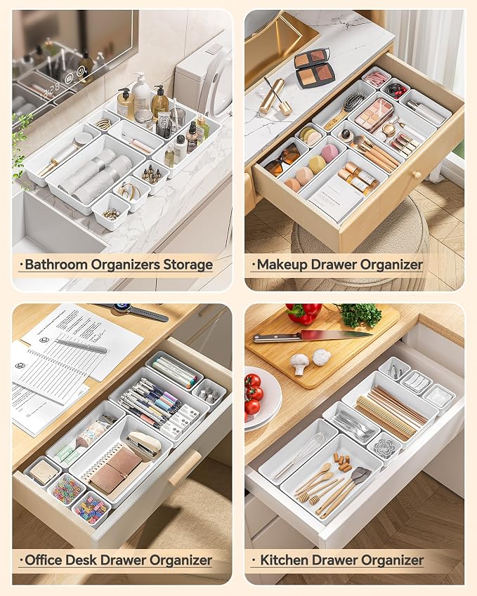 KEMETHY 25 PCS Plastic Drawer Organizers Set, 4 Sizes Vanity Organizer, Makeup and Desk Drawer Organizer Trays, Organization and Storage for Makeup, Bathroom, Kitchen Utensils and Office (White) - Image 4