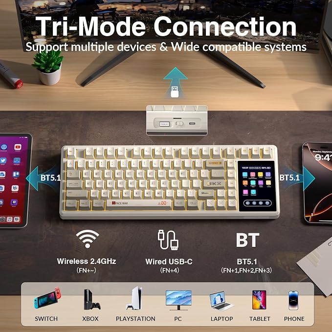 Aula L99 Wireless Mechanical Gaming Creamy Keyboard with Smart Touch Screen | Tri-Mode Hot Swappable Custom Keyboard,RGB Backlit,PBT Keycap,Gasket Mount Creamy Sounding Keyboards for Office PC,84 Keys - Image 6