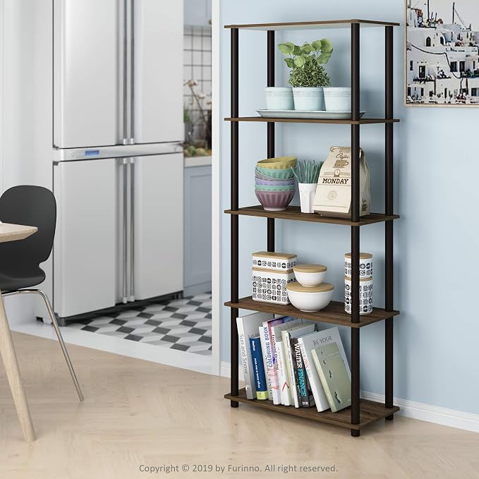 Furinno TURN-N-TUBE Storage Shelves, 5-Tier Book Shelf, Corner Shelf, Toolless Open Shelves, for Organization and Storage, Living Room, Garage, Home Office, Walnut - Image 2