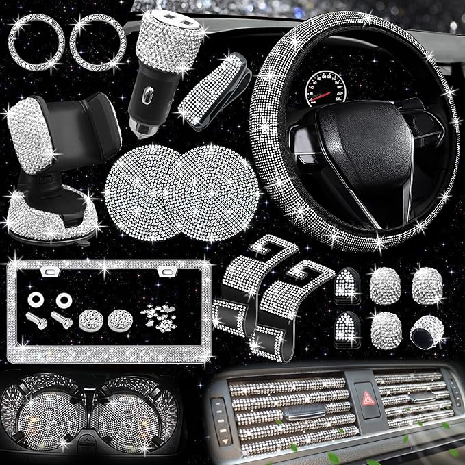 NBTEPEM 27 PCs Bling Car Accessories Set for Women, Steering Wheel Covers Universal Fit 15 Inch, Bling License Plate Frame, Bling Phone Holder, Bling Car Coasters (Silver Diamond) by NBTEPEM