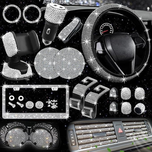 NBTEPEM 27 PCs Bling Car Accessories Set for Women, Steering Wheel Covers Universal Fit 15 Inch, Bling License Plate Frame, Bling Phone Holder, Bling Car Coasters (Silver Diamond) by NBTEPEM