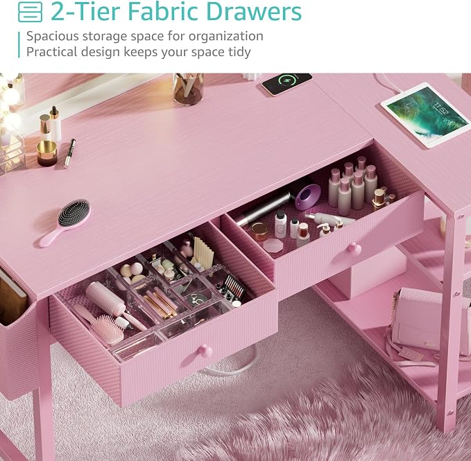 DLisiting Pink Reversible L Shaped Desk with Drawers and Shelves, Small Kids Study Vanity PC Computer Desk with Storage for Girls, Corner L-Shaped Desks for Small Space Bedroom - Image 6