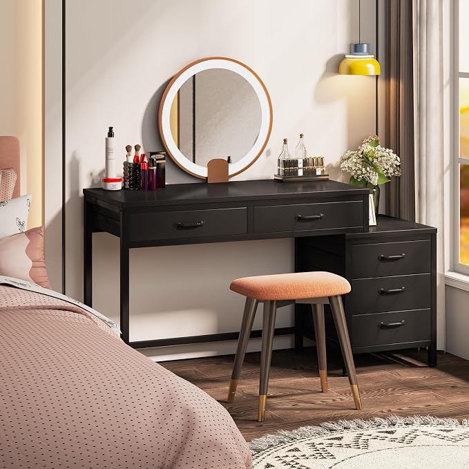 Tribesigns Computer Desk with 5 Drawers, Reversible Home Office Desks | Small Desk with Drawer Cabinet Printer Stand, PC Desk with Storage, Black Study Writing Table Workstation for Small Spaces - Image 4