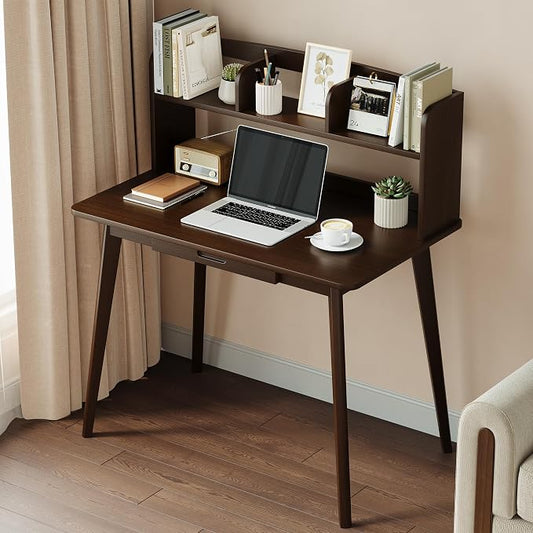 IOTXY Small Writing Desk with Hutch - 39.4" Work Computer Study Table | Black Walnut, Storage Drawer, Space-saving for Home and Office, with Bookshelves by IOTXY