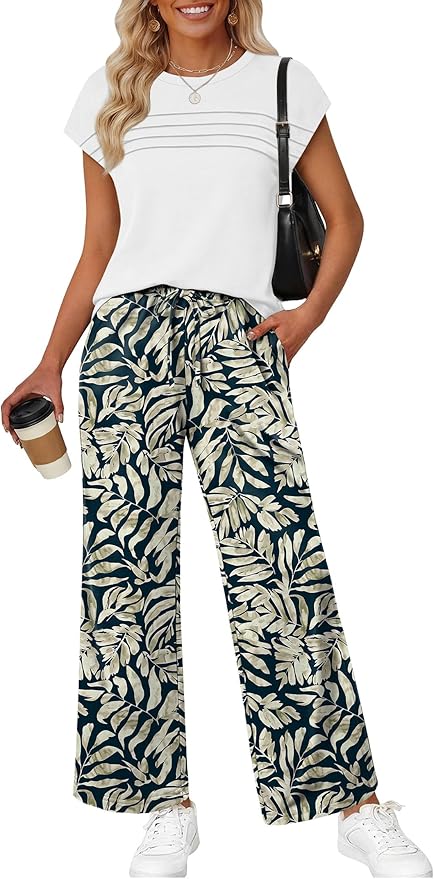 WIHOLL Two Piece Set for Women Summer Spring Outfits Matching Sets Women Clothing Airport Travel Vacation Wide Leg Pants by WIHOLL