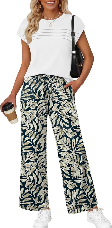 WIHOLL Two Piece Set for Women Summer Spring Outfits Matching Sets Women Clothing Airport Travel Vacation Wide Leg Pants by WIHOLL