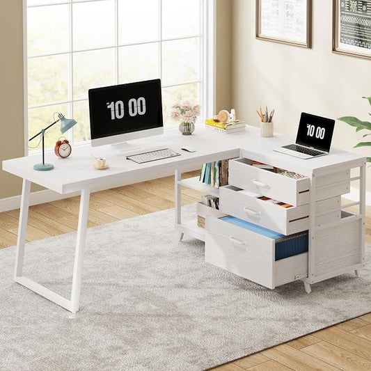 Tribesigns L-Shaped Computer Desk with 3 Drawers, Reversible Corner Home Office Desk with Shelves, 53-Inch Industrial PC Desk Study Writing Table Workstation for Small Space, White by Unknown