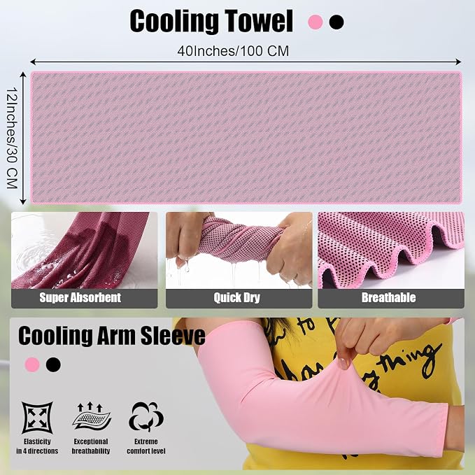 8 Pcs Cooling Must Haves Summer, Keeping Cool in Hot Weather Outside, Cooling Arm Sleeves, Towels, Sun Visor Hats, Portable Handheld Mini Fans, UV Protection for Women Men Sports, Travel - Image 4