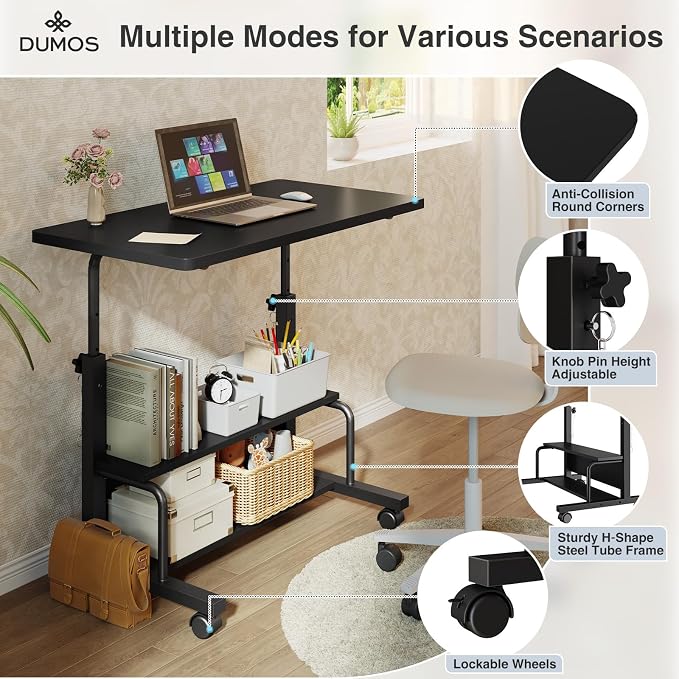 DUMOS Rolling Desk, Storage Shelves, Laptop Table, Home Office | Height Adjustable Design, Computer Desks on Wheels, Portable for Small Spaces Use, Black - Image 4