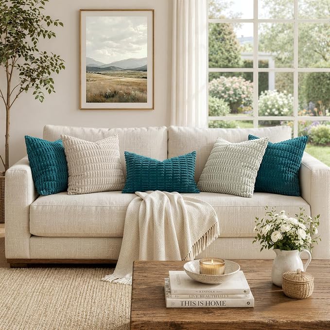 MIULEE Pack of 2 Corduroy Decorative Throw Pillow Covers 20x20 Inch Soft Boho Striped Pillow Covers Modern Farmhouse Home Decor for Summer Coastal Sofa Living Room Couch Bed Teal - Image 3