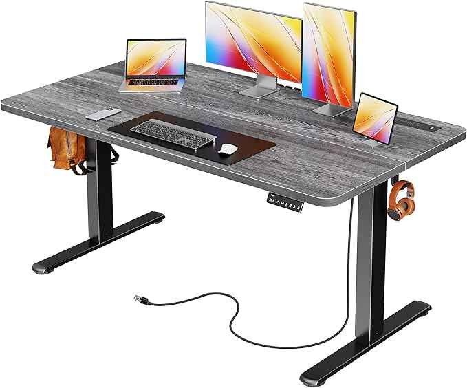 Huuger Electric Standing Desk with Power Outlets and USB-C Port, 55 X 24 Inch Height Adjustable Desk, Sit Stand Desk for Home Office, Computer & Gaming Desk with 4 Presets, Stable Steel Frame, Grey by Huuger