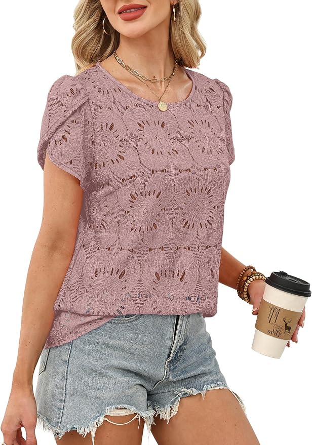 OFEEFAN Blouses for Women Dressy Casual Petal Short Sleeve Shirts Crochet Lace Boho Tops Spring Fashion Summer Outfits - Image 4