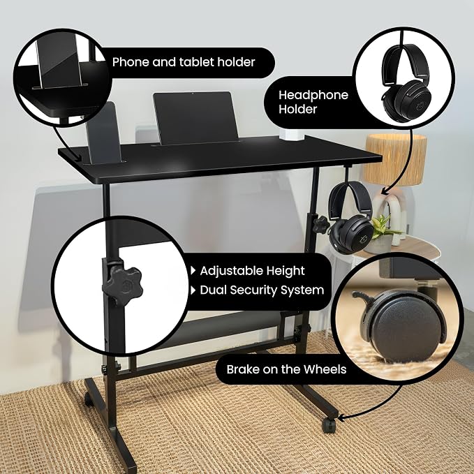 Small Rolling Desk with Wheels, Adjustable Height 27"-43.3" Portable Standing Desk, 31.5"x15.7" Tabletop, Mobile Laptop Computer Table for Home Office Workstation, Black - Image 6