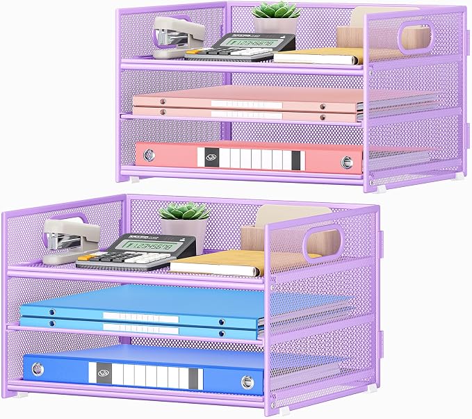 Subekyu 2-Pack 3-Tier Purple Metal Mesh Desk Paper Letter Tray & File Sorter Organizer with Handle + 1 Sliding Tray for Desk, Home, Office, School Supplies, A4 Paper and Accessories Storage by SUBEKYU