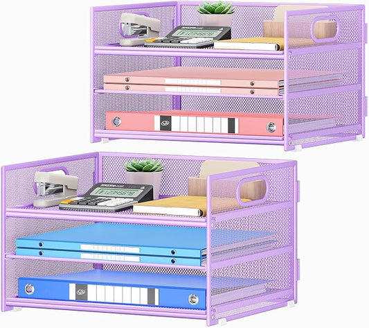 Subekyu 2-Pack 3-Tier Purple Metal Mesh Desk Paper Letter Tray & File Sorter Organizer with Handle + 1 Sliding Tray for Desk, Home, Office, School Supplies, A4 Paper and Accessories Storage by SUBEKYU