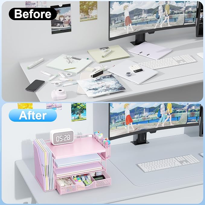 gianotter Wood Desk Organizers and Accessories with File Holder, 4-Tier Desk Accessories & Workspace Organizers with Drawer and 2 Pen Holder, Desk Reference Organizer (Pink, 4T with Metal Drawer) - Image 2
