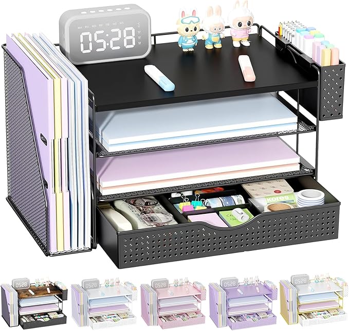 gianotter Wood Desk Organizers and Accessories with File Holder, 4-Tier Desk Accessories & Workspace Organizers with Drawer and Pen Holder, Desk Reference Organizer (Black, 4T with Drawer) by gianotter