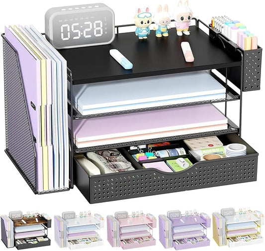 gianotter Wood Desk Organizers and Accessories with File Holder, 4-Tier Desk Accessories & Workspace Organizers with Drawer and Pen Holder, Desk Reference Organizer (Black, 4T with Drawer) by gianotter