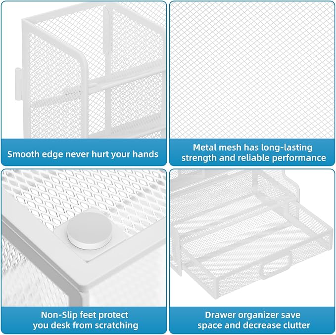 Marbrasse Larger Mesh Desk Organizer with Drawer, Multi-Functional Pen Pencil Holder, Easy Assembly, Desk Organizers and Accessories for Office Art Supplies (White) | Multi-Functional Pen Pencil Holder, Easy Assembly, For Office Art Supplies - Image 6