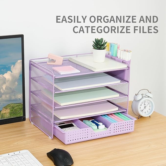 LEKETREE Desk Organizers and Accessories, 5-Tier Paper Letter Tray Organizer with Drawer & 2 Pen Holders, Desktop Organizer for Office Supplies (Purple) - Image 5