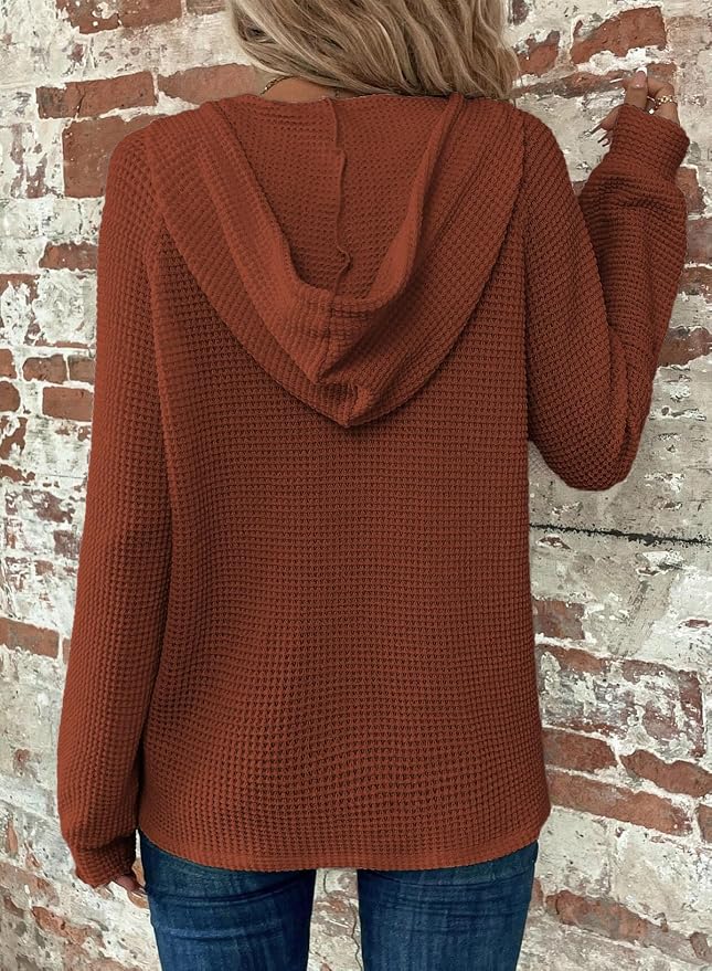 Dokotoo Hoodies for Women Waffle Knit Long Sleeve Drawstring Button V Neck Casual Sweatshirt Hooded Tops Fashion Clothing - Image 2