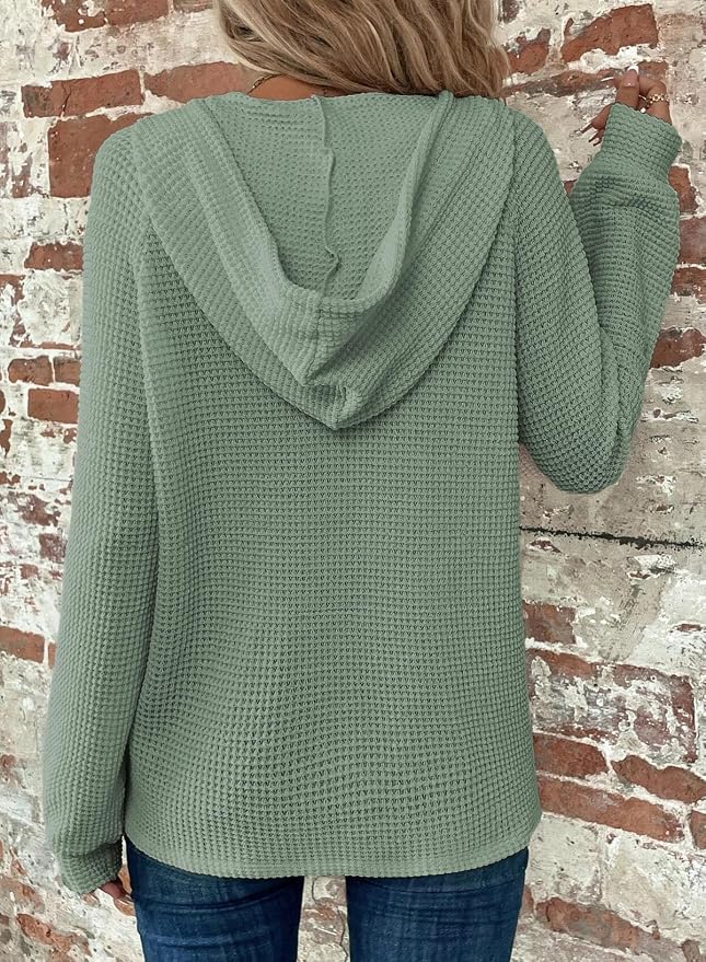 Dokotoo Hoodies for Women Waffle Knit Long Sleeve Drawstring Button V Neck Casual Sweatshirt Hooded Tops Fashion Clothing - Image 2