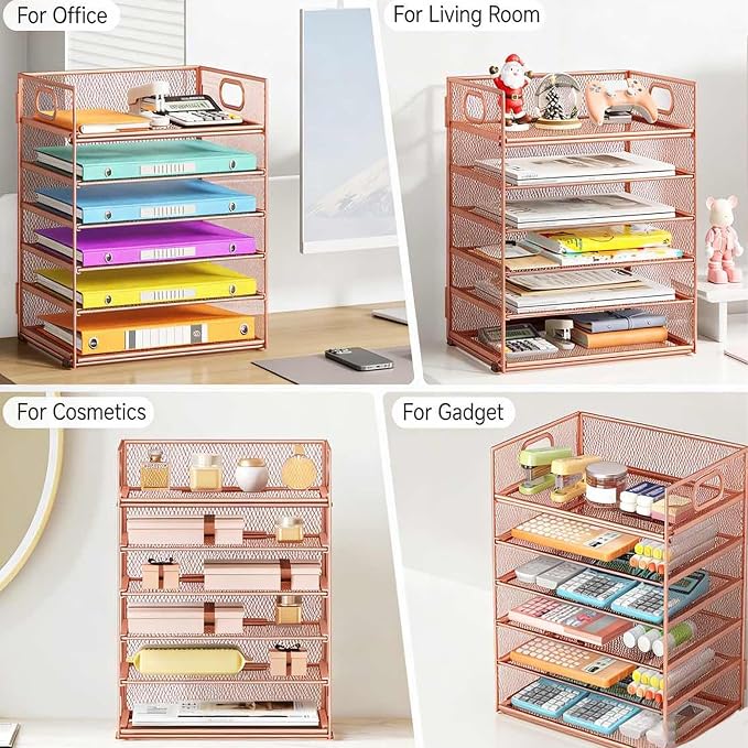 6 Tiers Letter Tray Paper Organizer with Handle, Mesh Desk File Organizer, Metal Desktop Document Shelf Organization, Paper Sorter Organizer for Office, Home or School File Folder Holder (Rose Gold) - Image 5