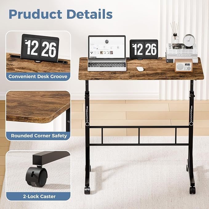 DUMOS 31.5" Walking Pad Desk, Laptop Desk, Home Office | Lockable Wheels, Adjustable Height, Portable Rolling Design, Treadmill Use, Stand Up Style, Rustic Brown - Image 5